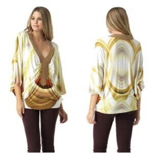 Sky‎ Batwing 3/4 Sleeves Suede Neckline Rayon Top Retro Boho Stretch NEW Size XS